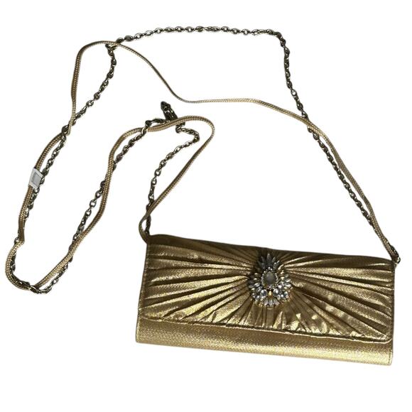 Kate Landry Evening Clutch Bag Metallic Gold Pleated Design Chain Strap - Picture 1 of 8